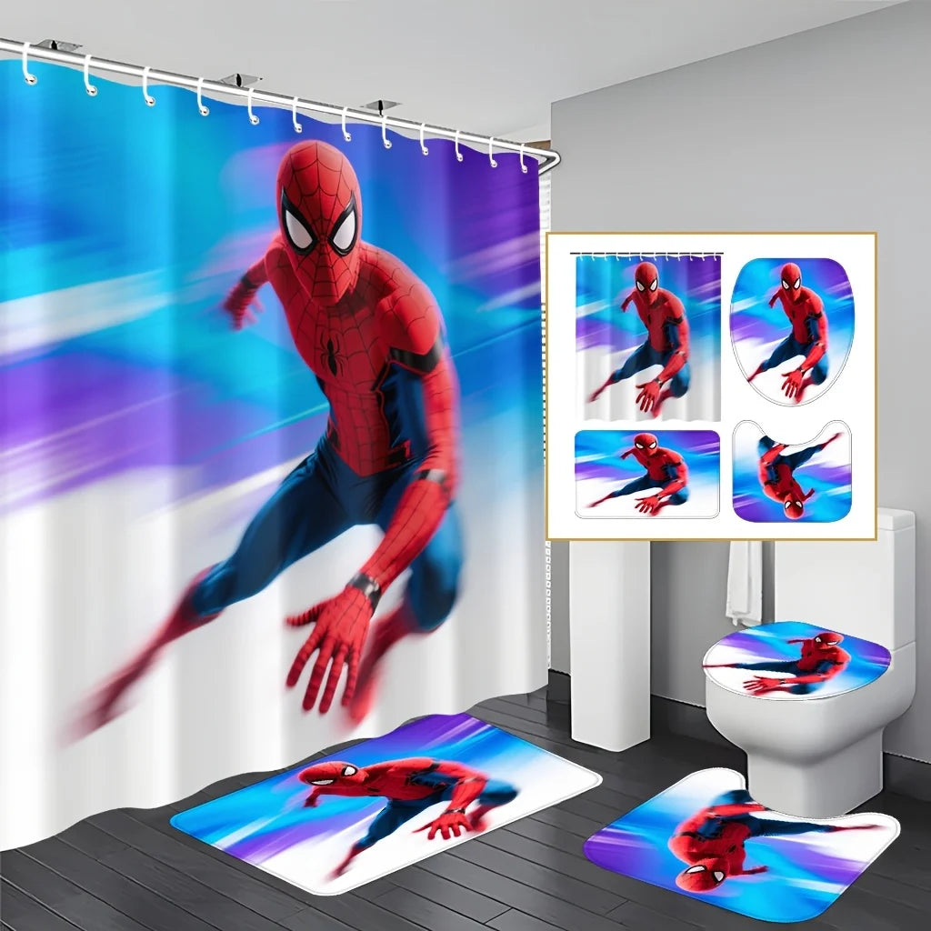 Marvel 1/4pcs Spiderman Cartoon Pattern Decoration Set Includes Shower Curtain, Non-Slip Bathroom Rug, Toilet U-Shaped Mat