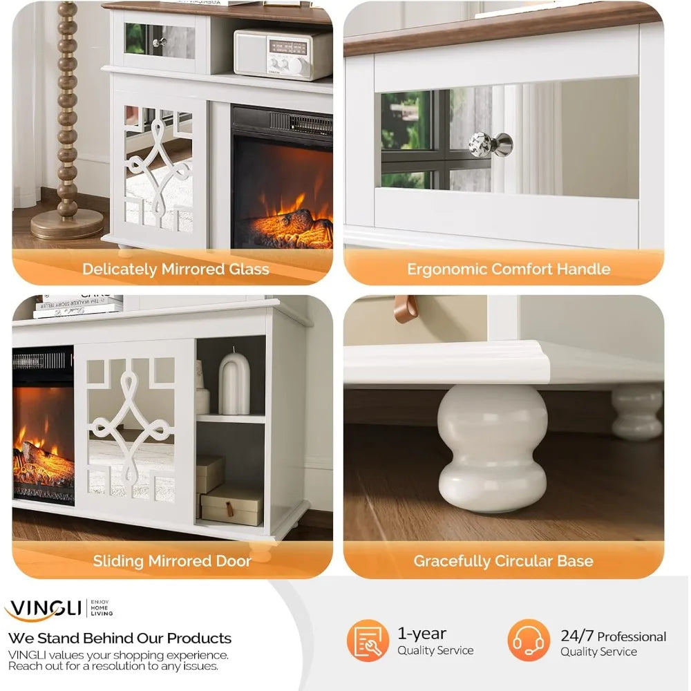 Fireplace TV Stand with Sliding Mirrored Door for TVs up to 70"