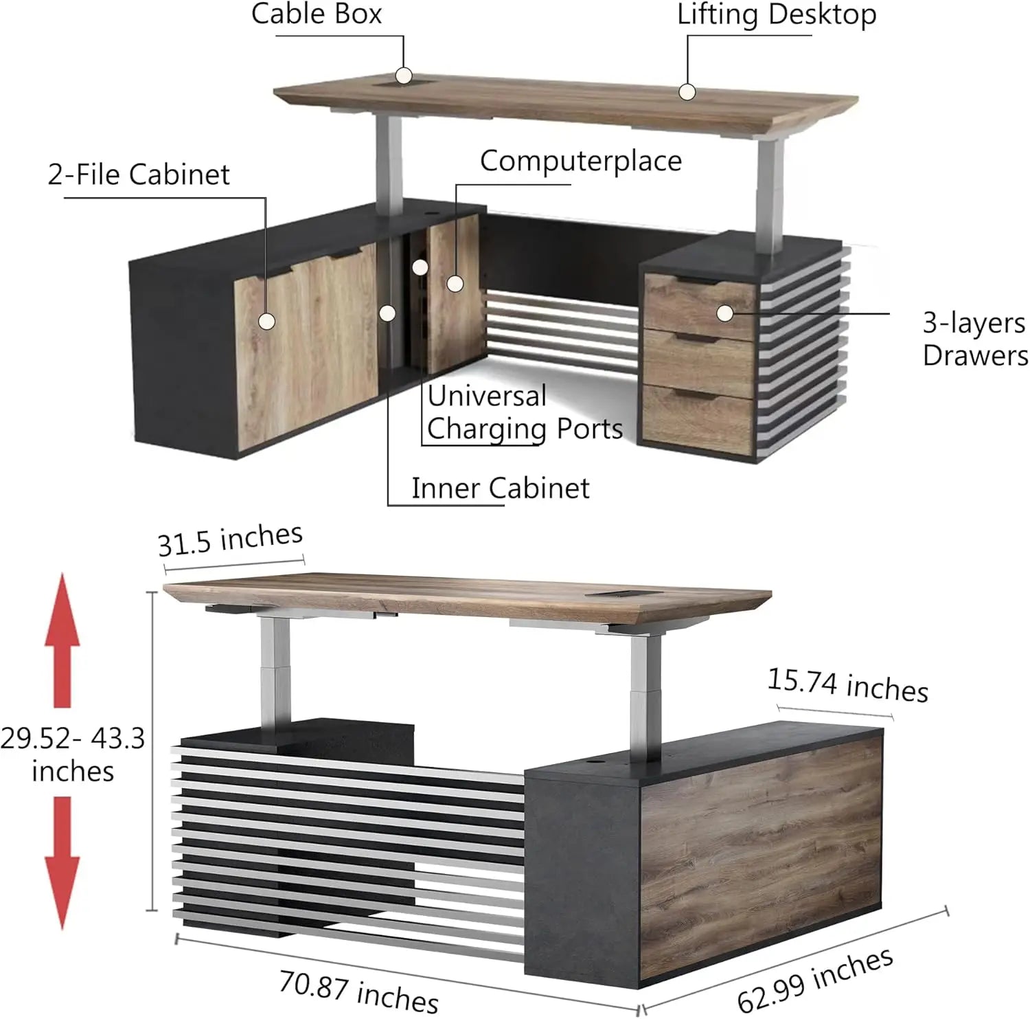Adjustable Heigh L Shaped Executive Standing Desk w/Drawers