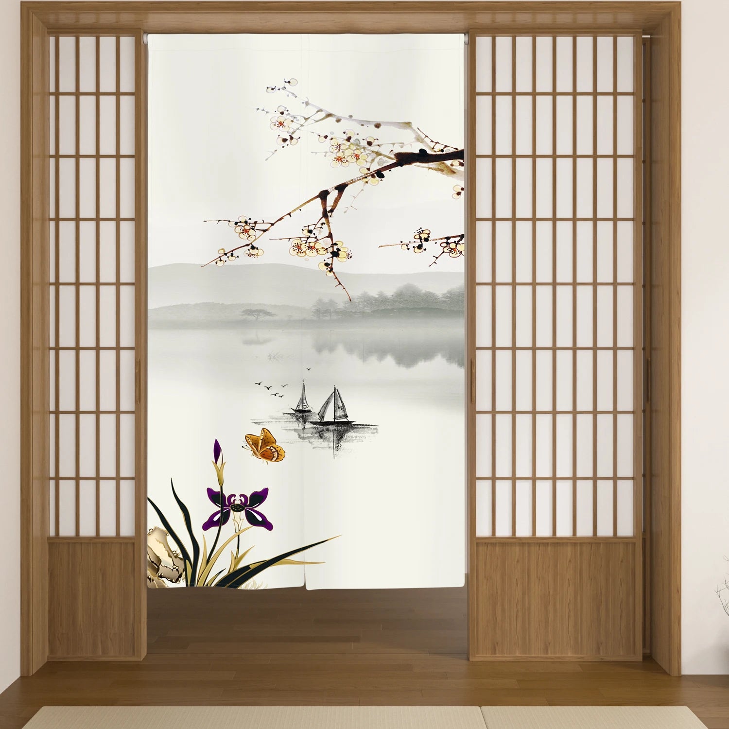 Japanese Linen Doorway Curtain Home Flower Bird