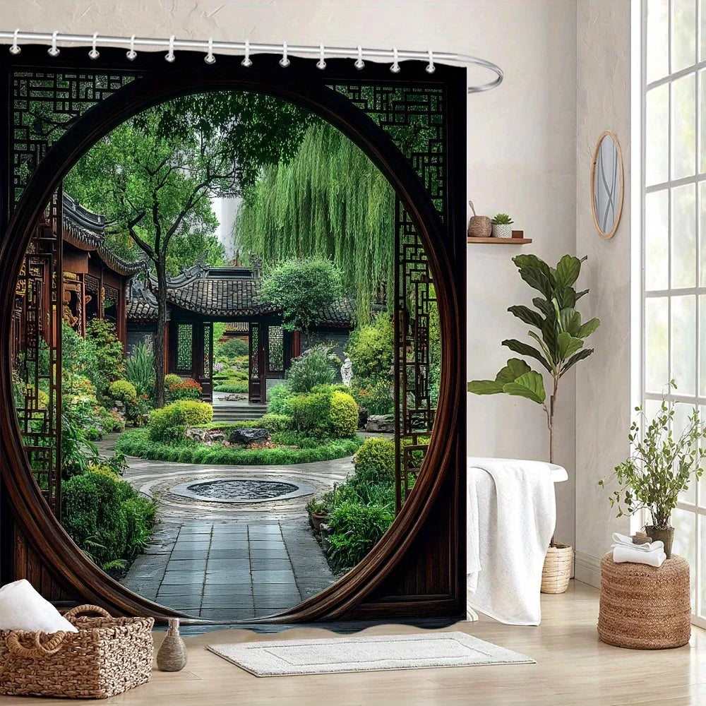 Discover Tranquility with this Waterproof Shower Curtain Featuring a Traditional Chinese Garden