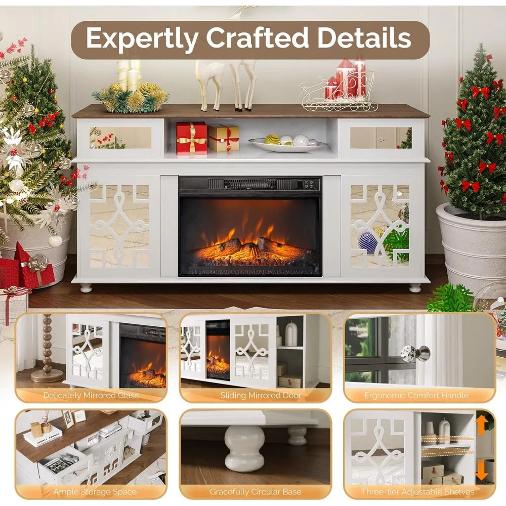 Fireplace TV Stand with Sliding Mirrored Door for TVs up to 70"