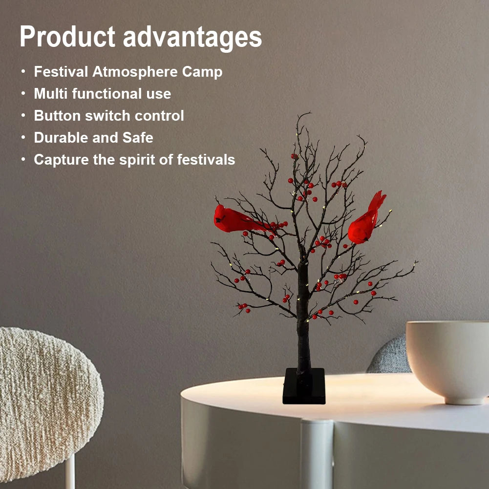 Mini Tree Light Lighted Tree with Red Bird & Berries