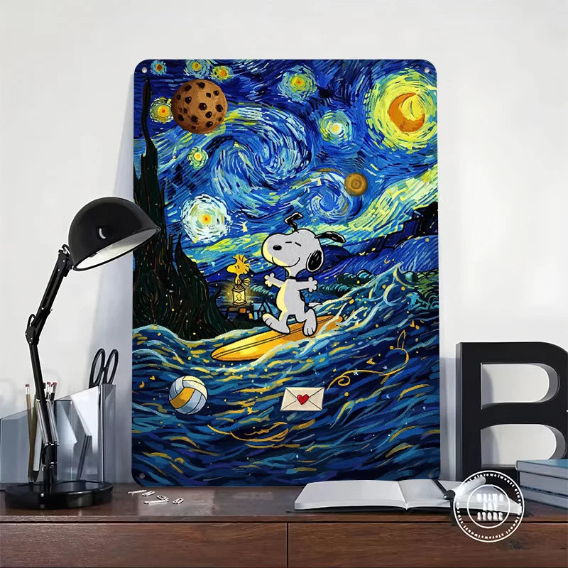 Snoopy Surfing Starry Night Parody Metal Poster