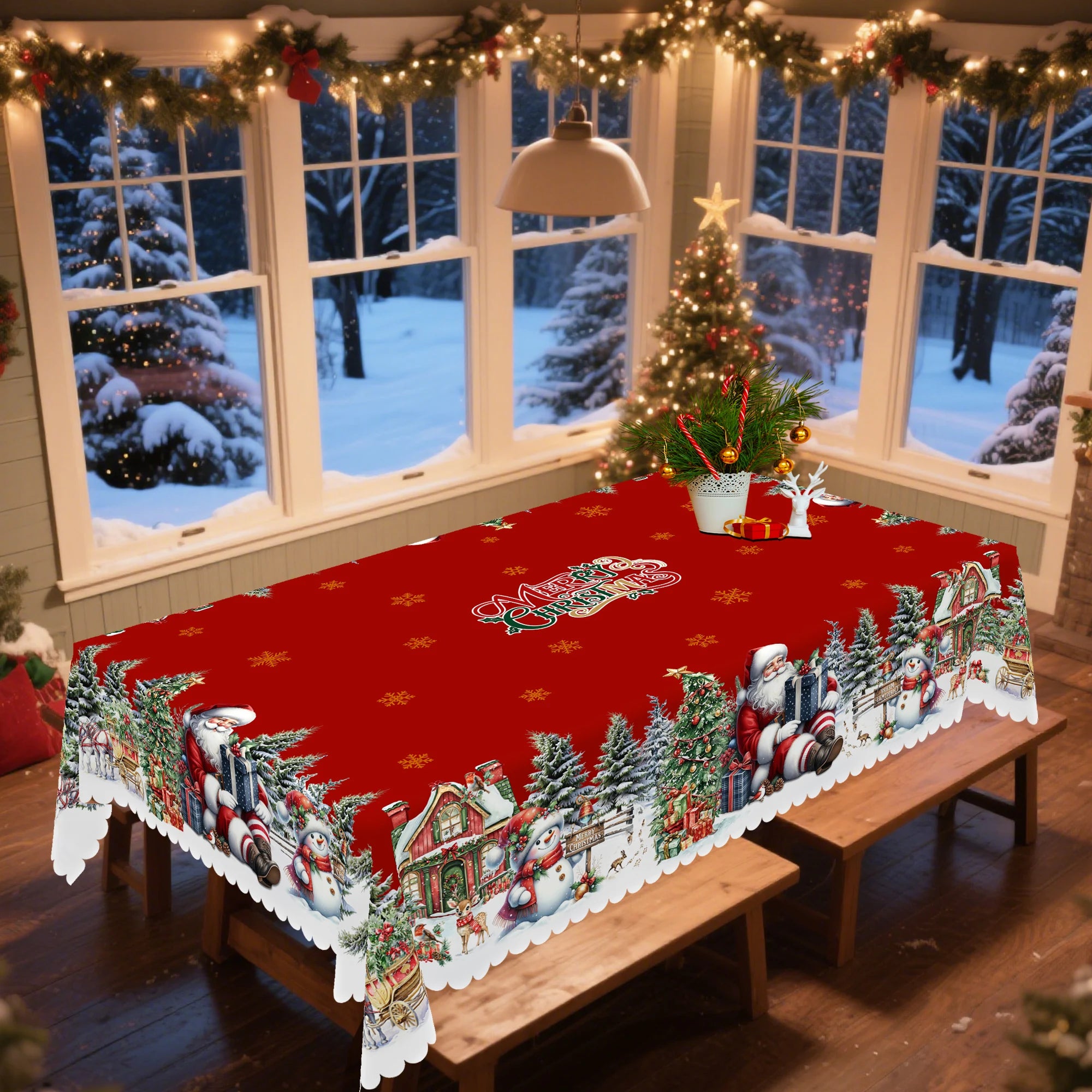 Gnizama Santa Claus decoration theme rectangular round tablecloth, Christmas decoration party indoor restaurant decoration,