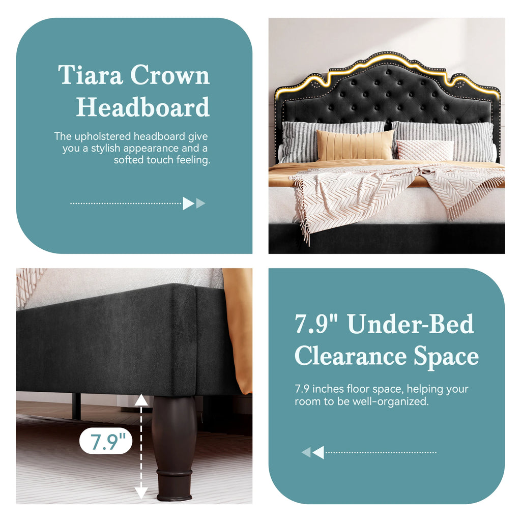 Bed Frame with Adjustable Velvet Tiara Headboard,