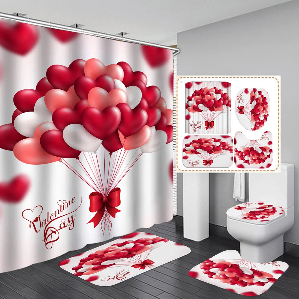 1 Set Waterproof Shower Curtain Romantic Valentine's Day Heart Rose Bathroom Curtain