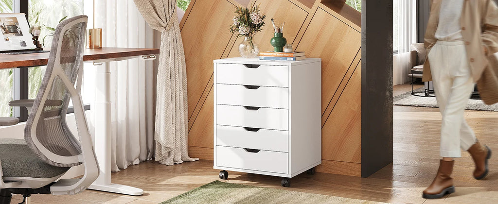 5-Drawer Chest, Wood Storage file Cabinet with Wheels, White