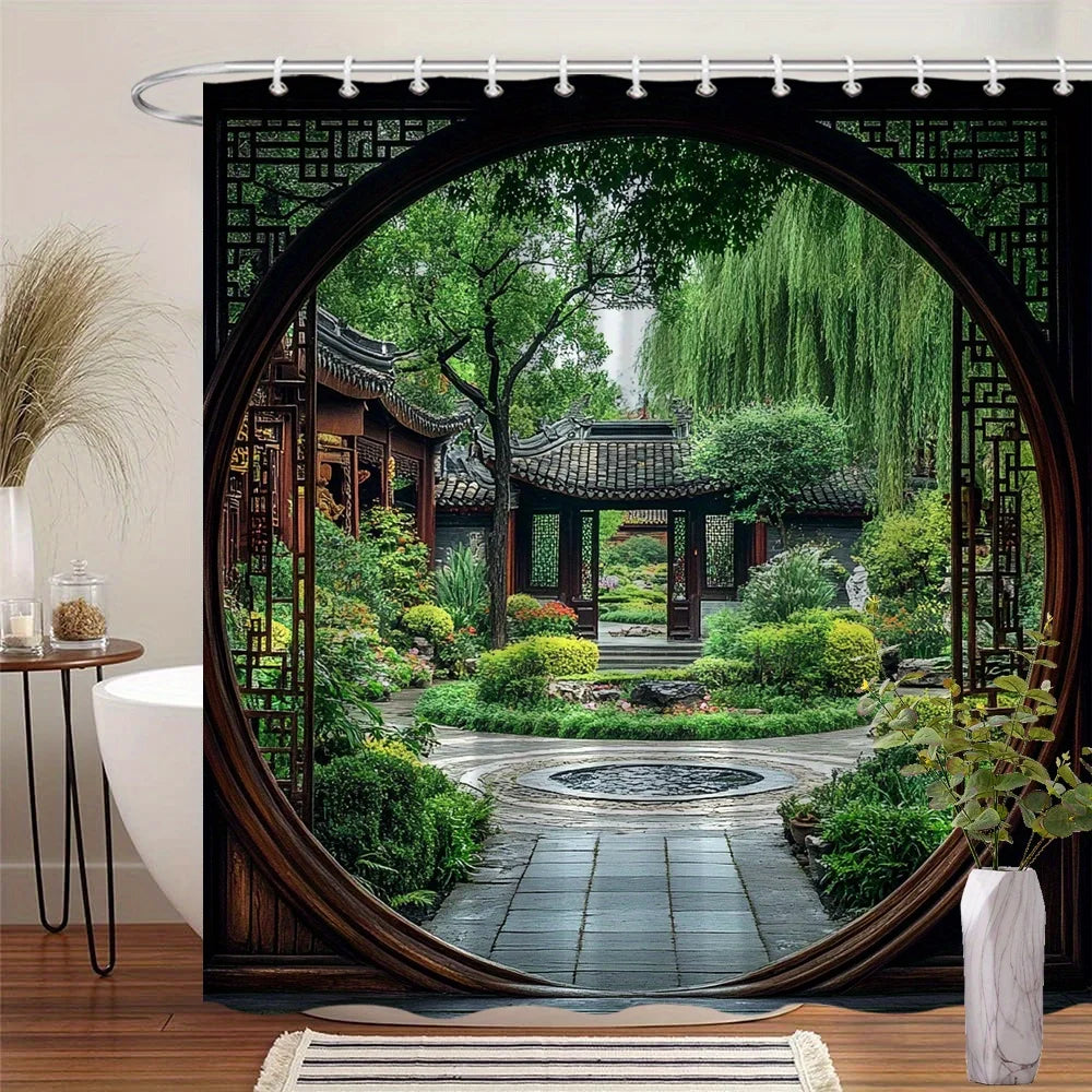 Discover Tranquility with this Waterproof Shower Curtain Featuring a Traditional Chinese Garden