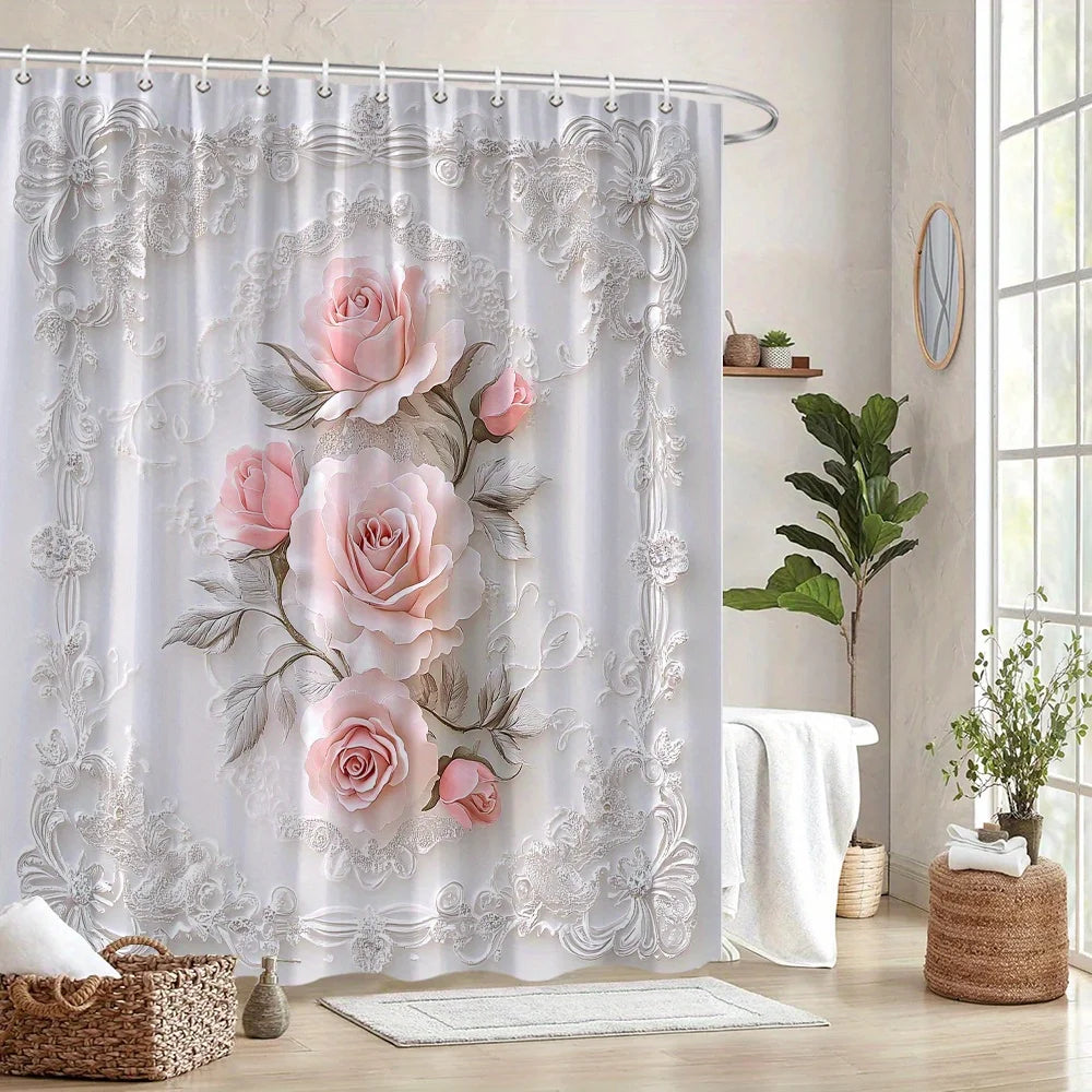 1 Elegant Pink Rose Shower Curtain with Silver Leaves and Lace Pattern