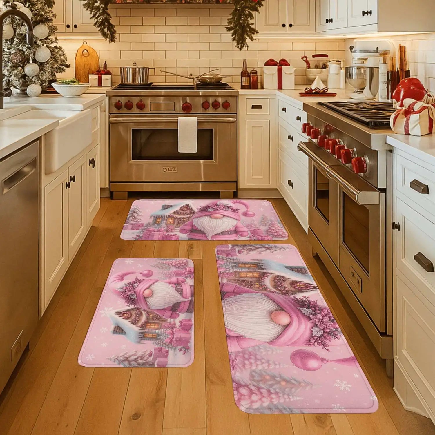 3PCS Christmas Doormats Pink Santa Claus Rugs