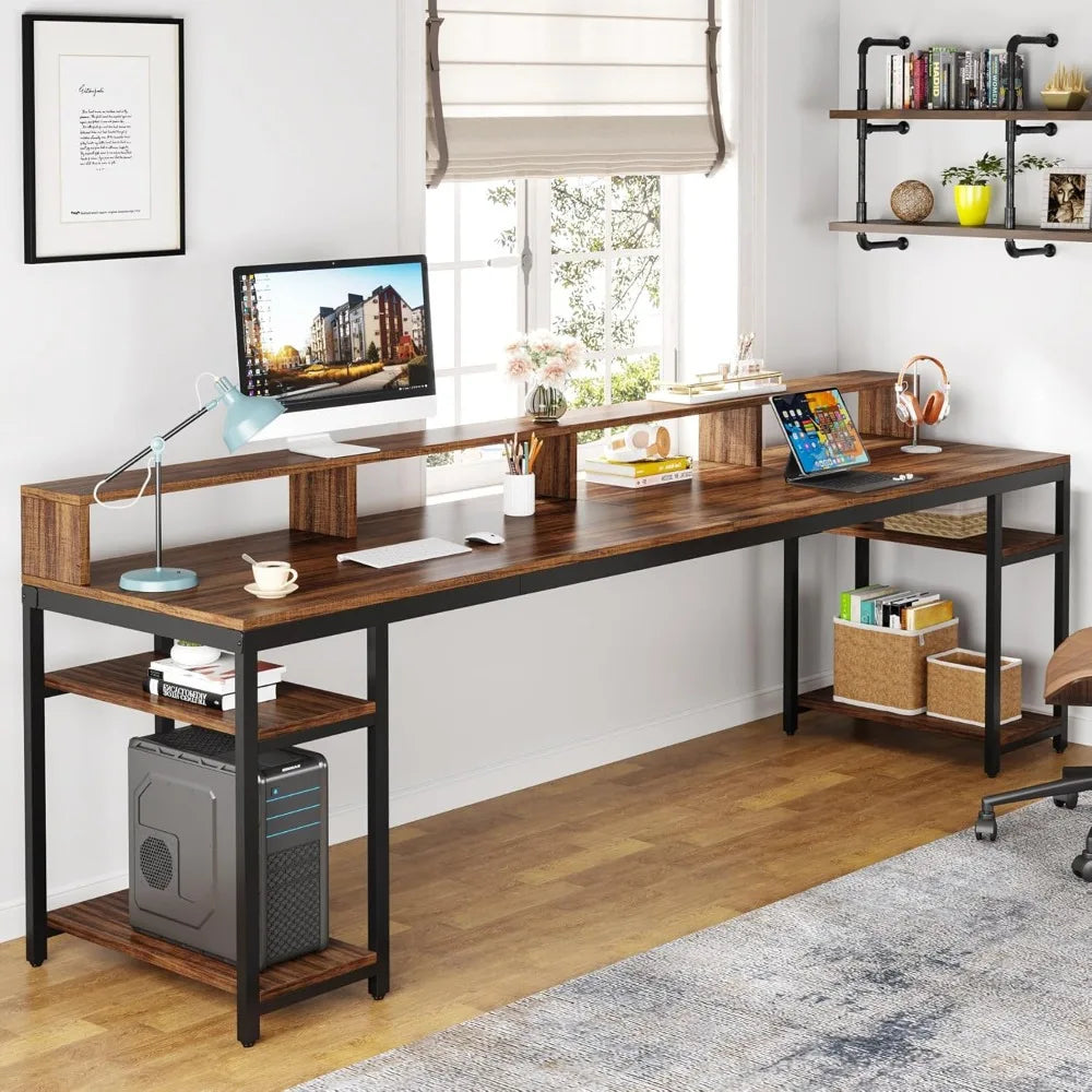 Two Person Desk with Monitor Stand, 78.74" Long Double Computer Office Desk with Storage Shelves,