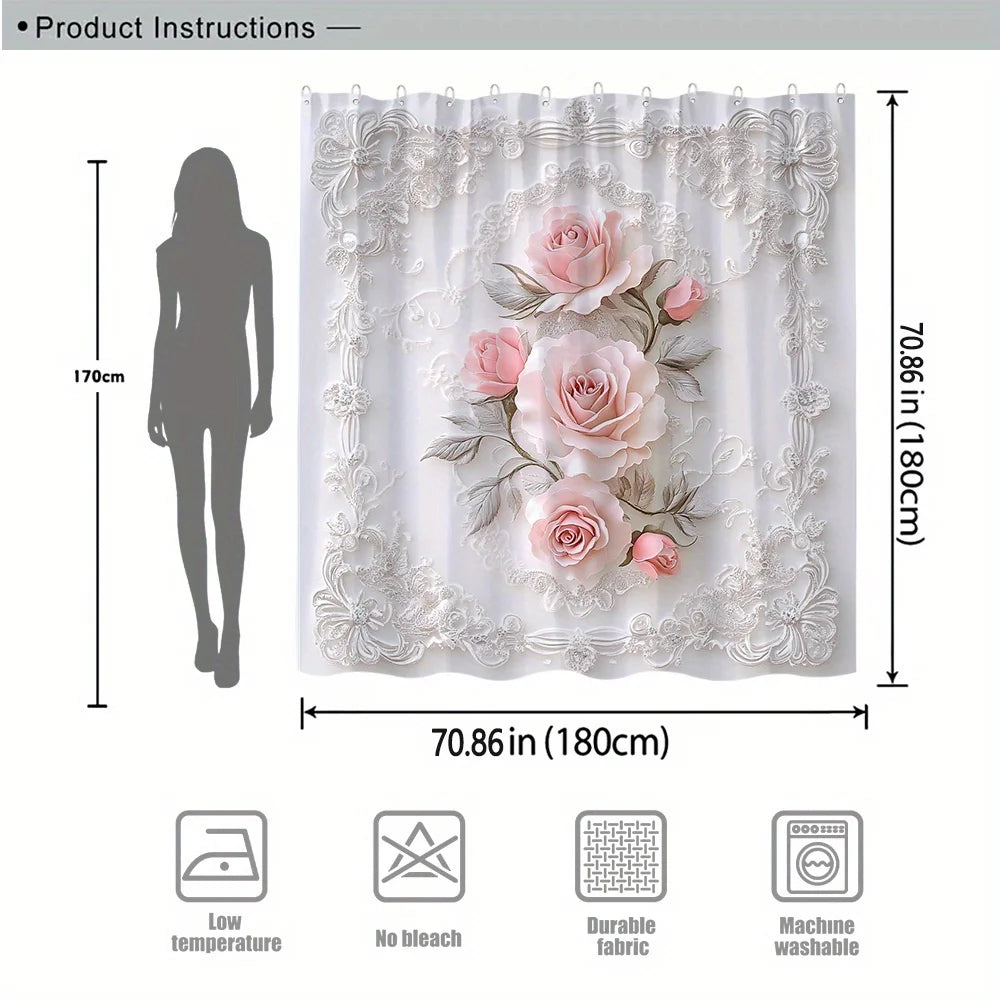1 Elegant Pink Rose Shower Curtain with Silver Leaves and Lace Pattern