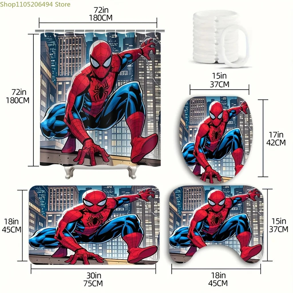 Marvel 1/4pcs Spiderman Cartoon Pattern Decoration Set Includes Shower Curtain, Non-Slip Bathroom Rug, Toilet U-Shaped Mat