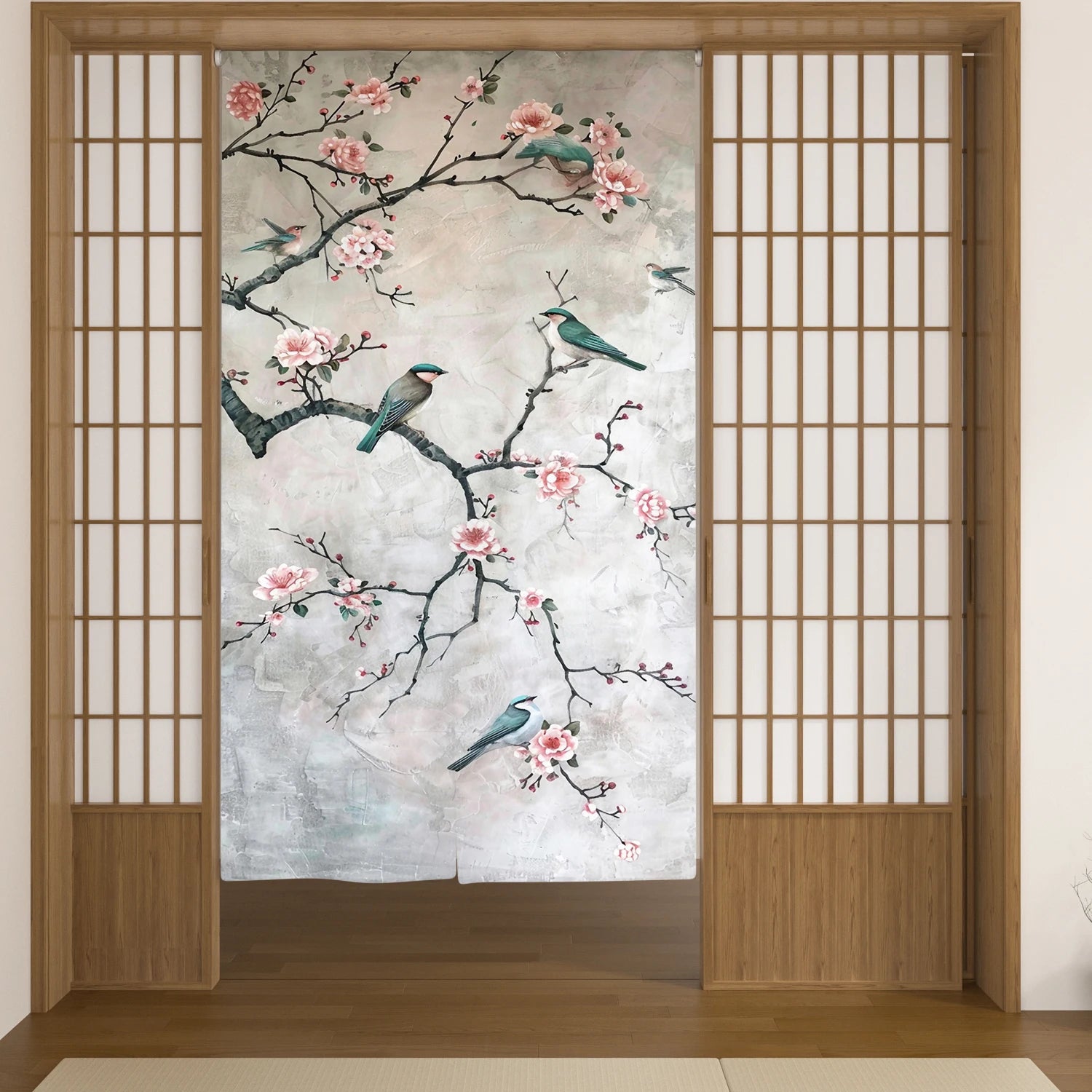 Japanese Linen Doorway Curtain Home Flower Bird