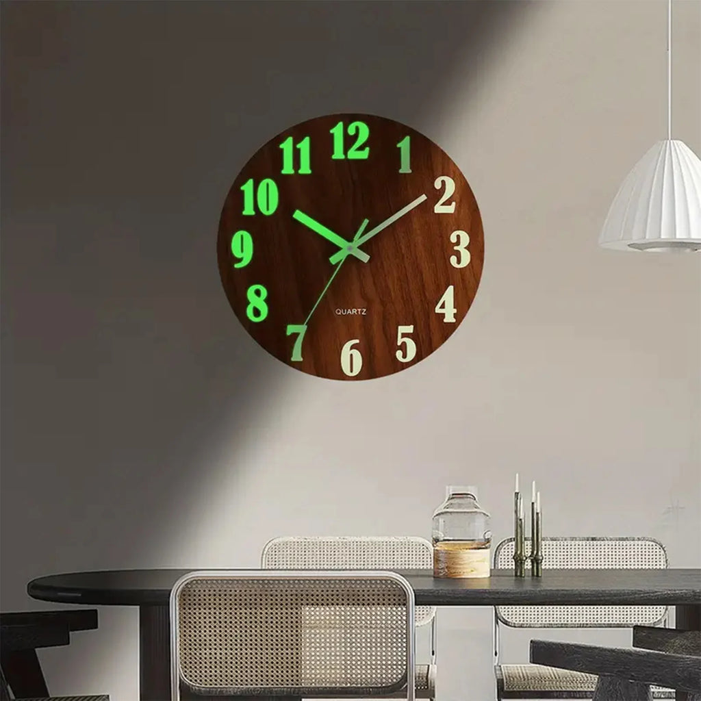 12 Inch Wooden Simple Luminous Wall Clock Silent Non Ticking