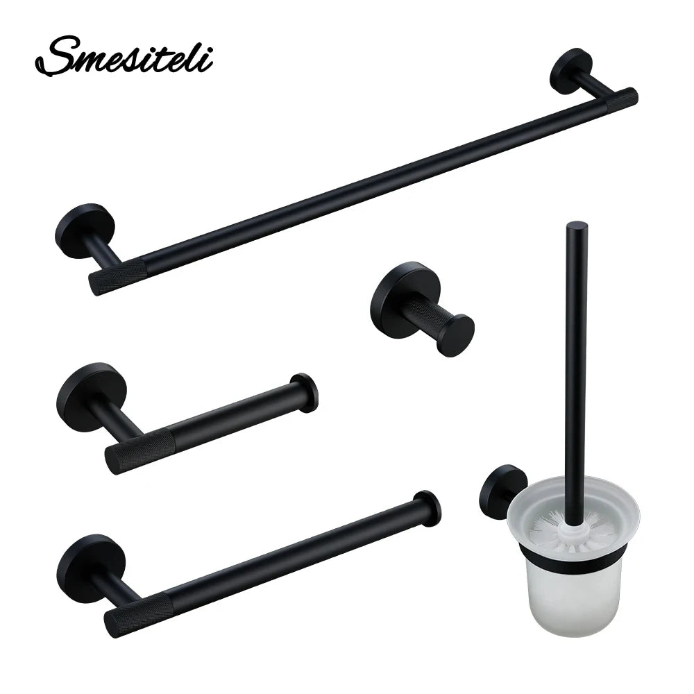 Black Bathroom Accessories Brass Knurled Kit Paper Holder Towel Rack Shelf Single Towel Holder Toilet Brush Holder Hook