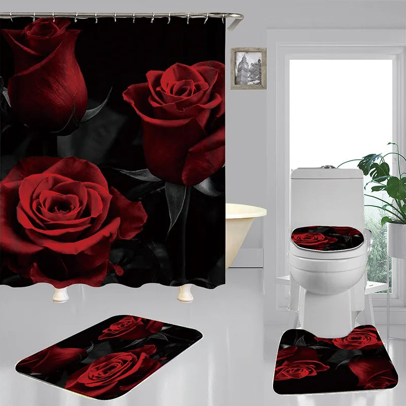 1 Set Waterproof Shower Curtain Romantic Valentine's Day Heart Rose Bathroom Curtain