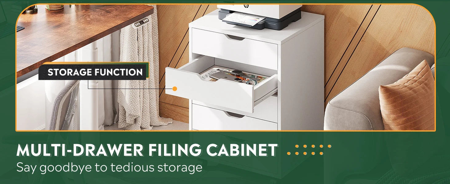 5-Drawer Chest, Wood Storage file Cabinet with Wheels, White