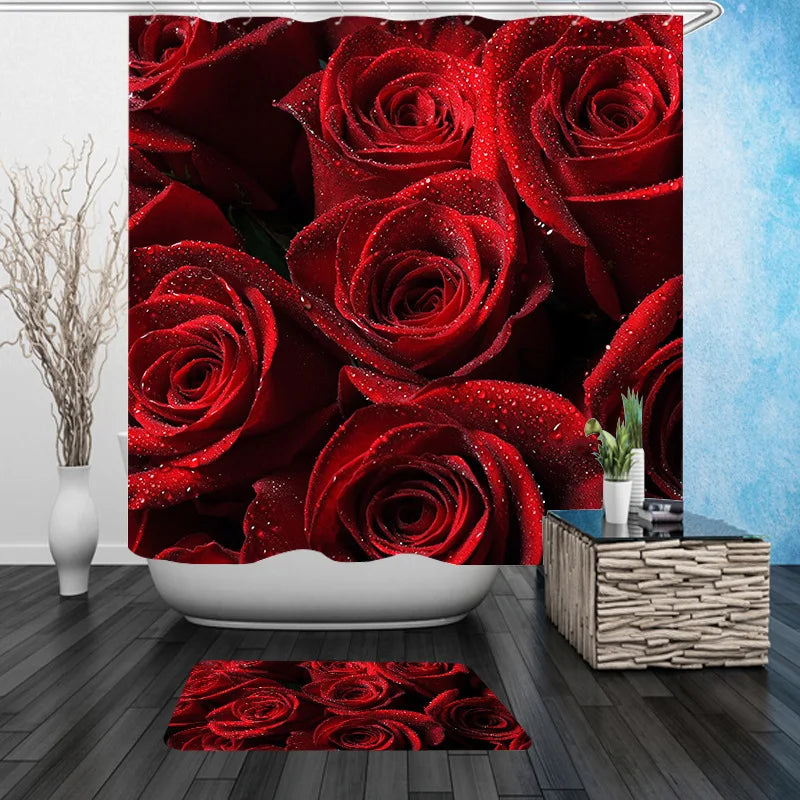 1 Set Waterproof Shower Curtain Romantic Valentine's Day Heart Rose Bathroom Curtain