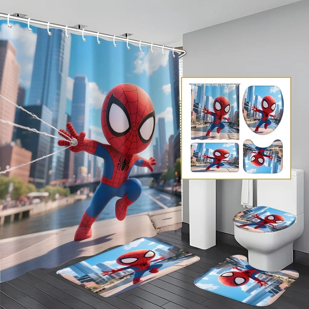 Marvel 1/4pcs Spiderman Cartoon Pattern Decoration Set Includes Shower Curtain, Non-Slip Bathroom Rug, Toilet U-Shaped Mat