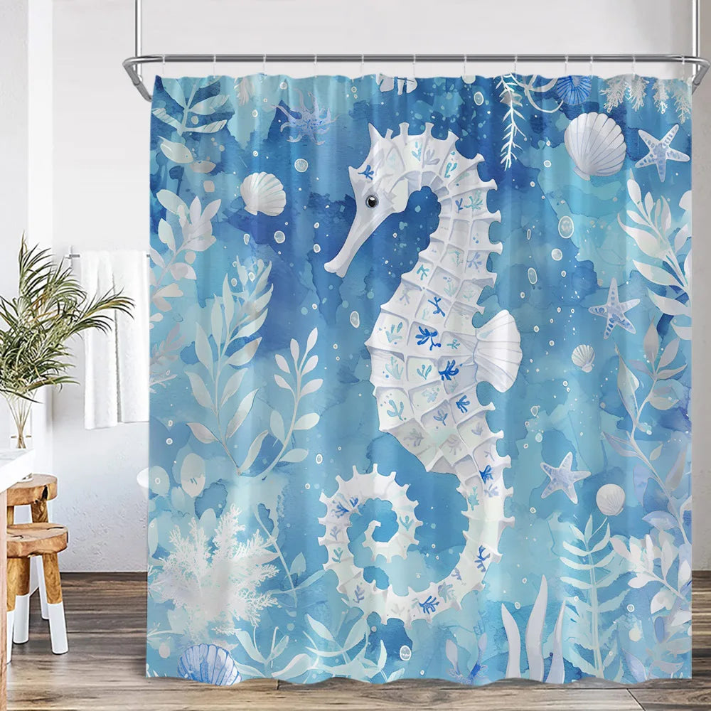 Marine Life Nature Bathroom Decor Sea Poltester Bath Curtain with Hook