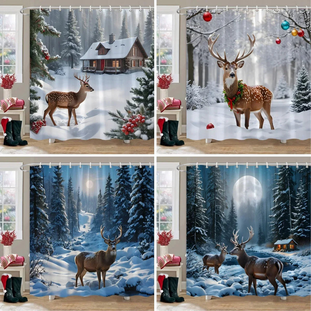 Winter Snow Forest Deer Shower Curtain Christmas Nature