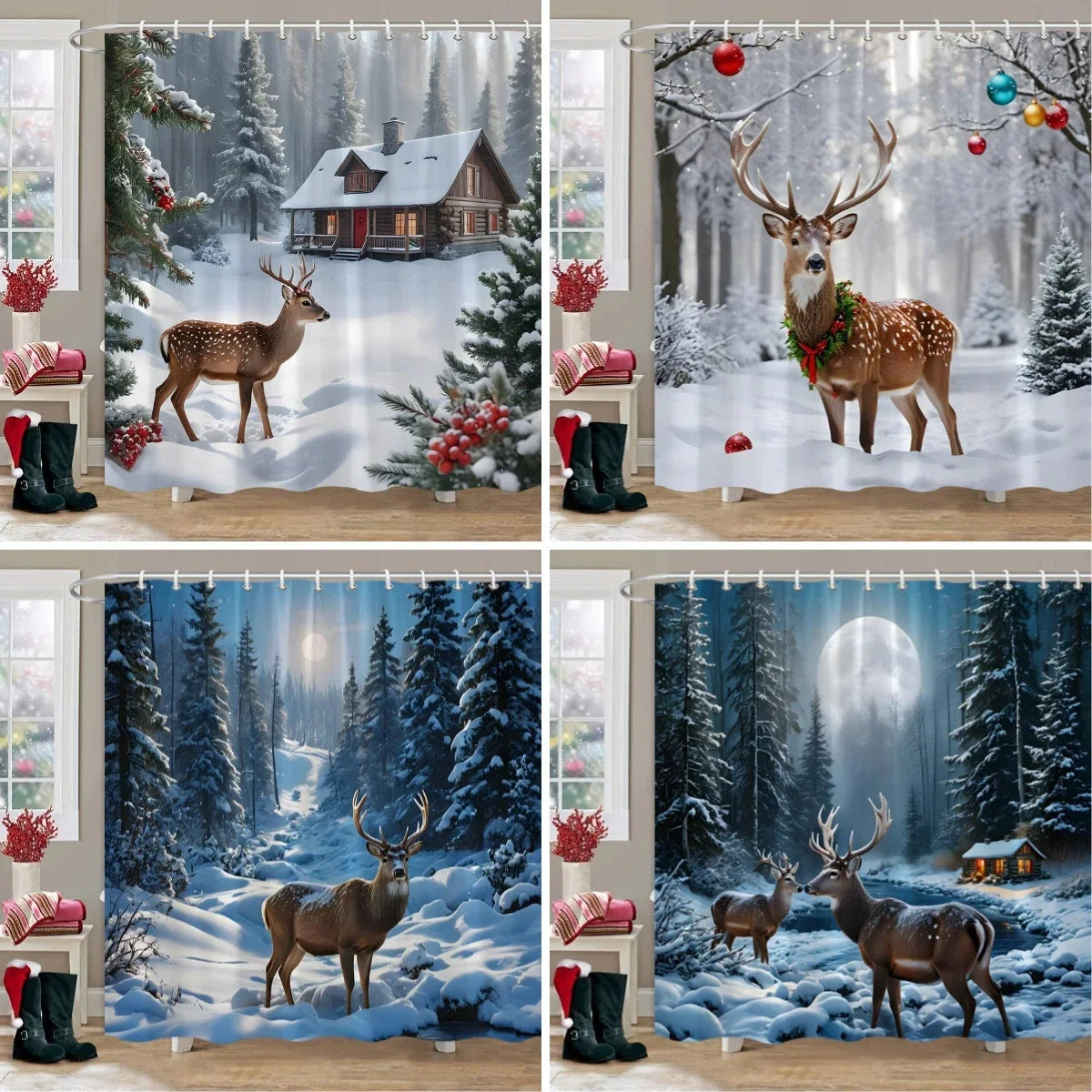 Winter Snow Forest Deer Shower Curtain Christmas Nature