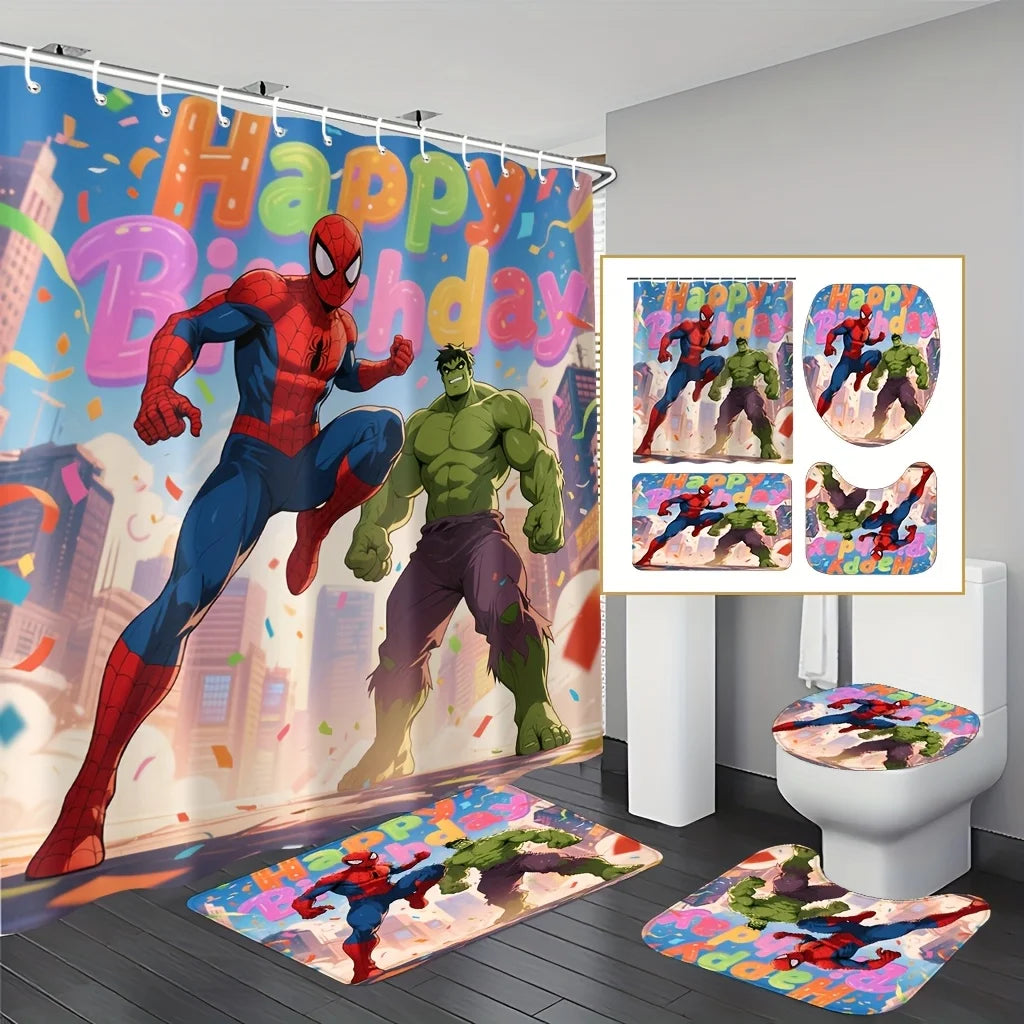 Marvel 1/4pcs Spiderman Cartoon Pattern Decoration Set Includes Shower Curtain, Non-Slip Bathroom Rug, Toilet U-Shaped Mat