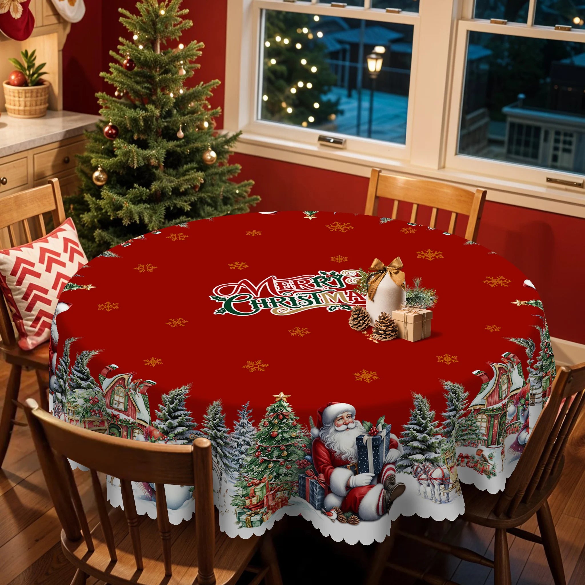 Gnizama Santa Claus decoration theme rectangular round tablecloth, Christmas decoration party indoor restaurant decoration,