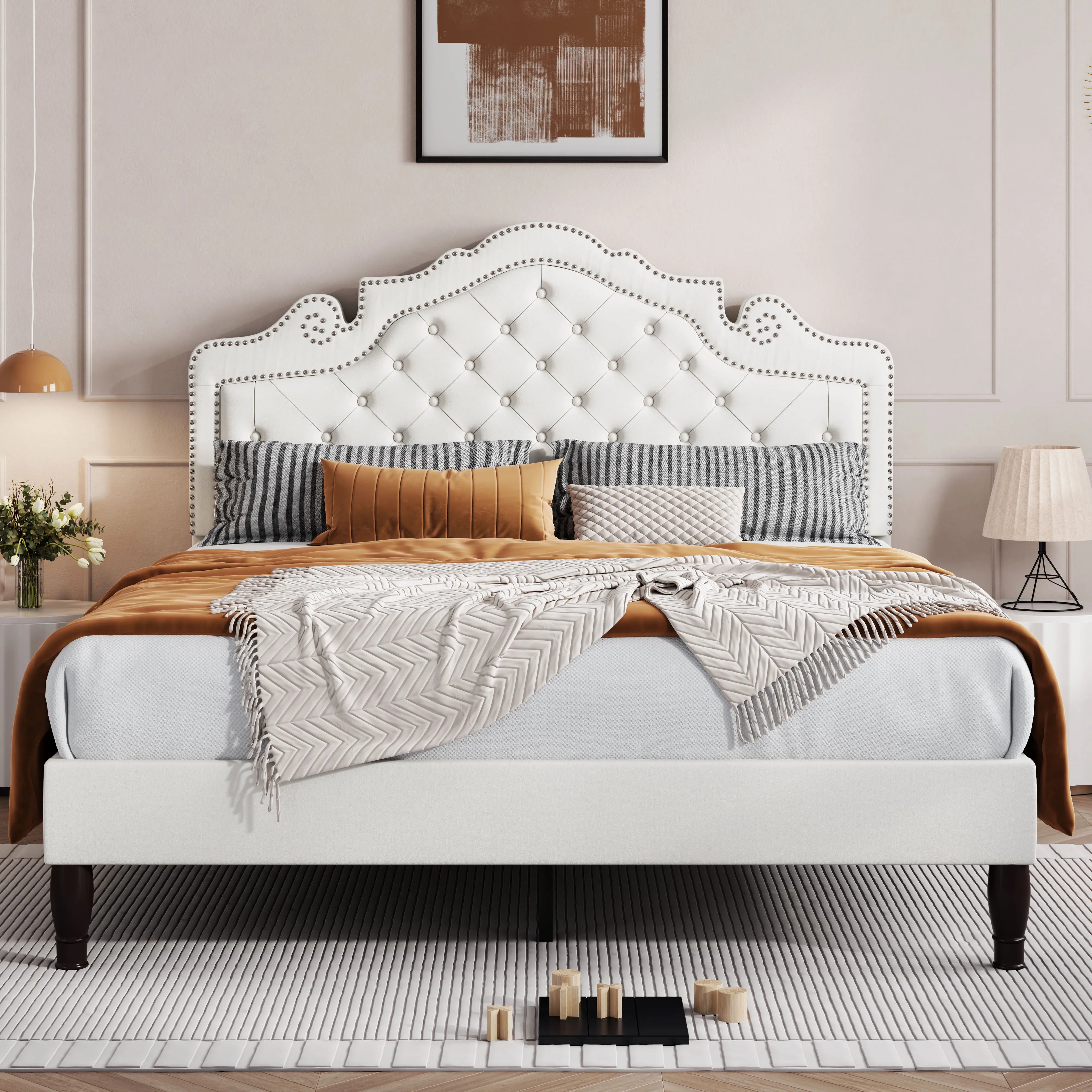Bed Frame with Adjustable Velvet Tiara Headboard,