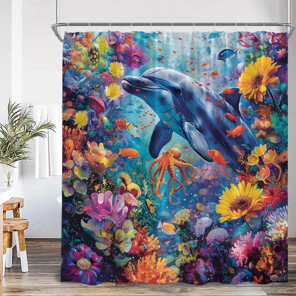 Marine Life Nature Bathroom Decor Sea Poltester Bath Curtain with Hook