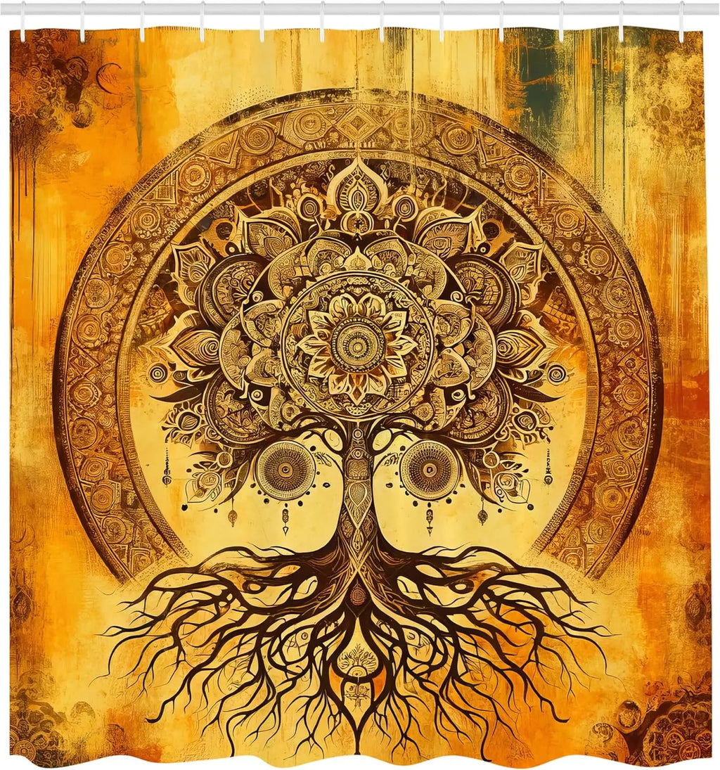 Shower Curtain, Oriental Atmosphere Warm Tone Mandala Ornate Life