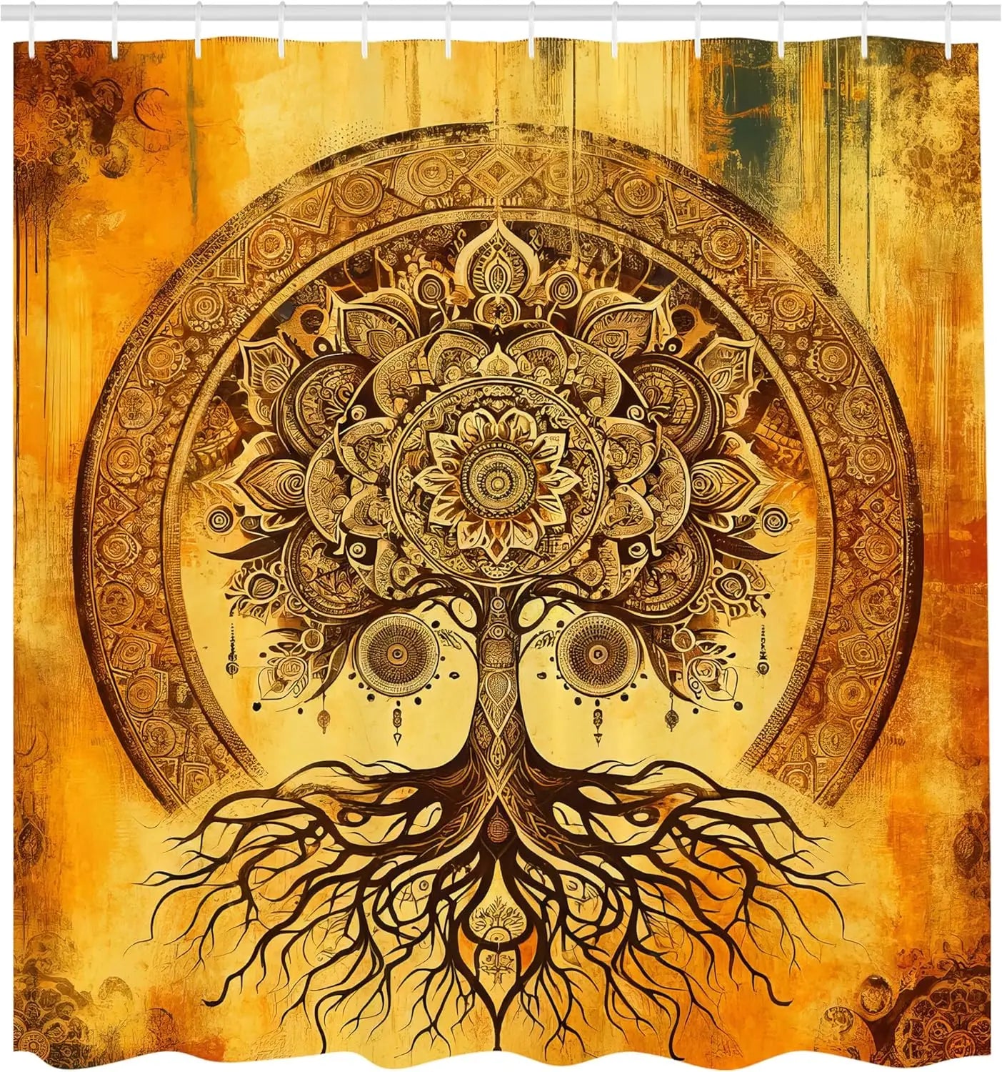 Shower Curtain, Oriental Atmosphere Warm Tone Mandala Ornate Life