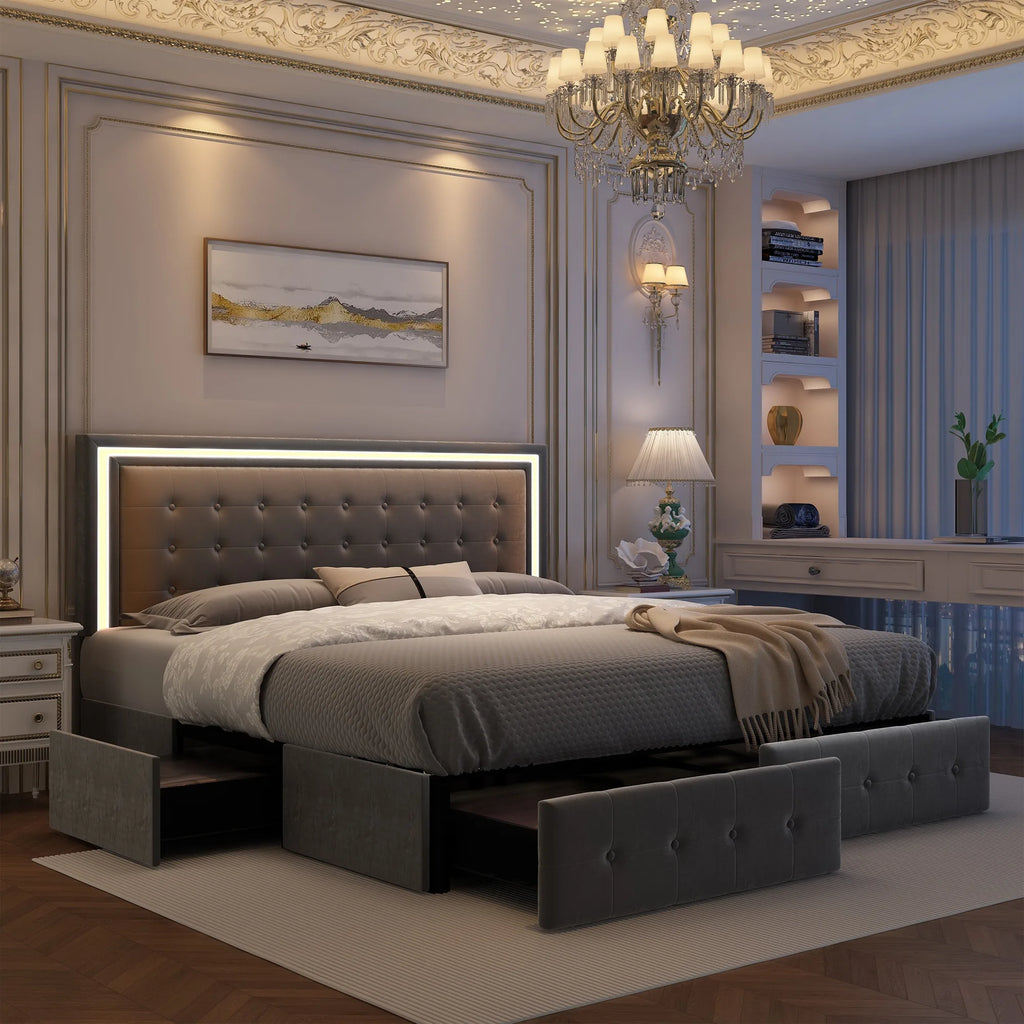 Queen LED Bed Frame with 4 Storage Drawers