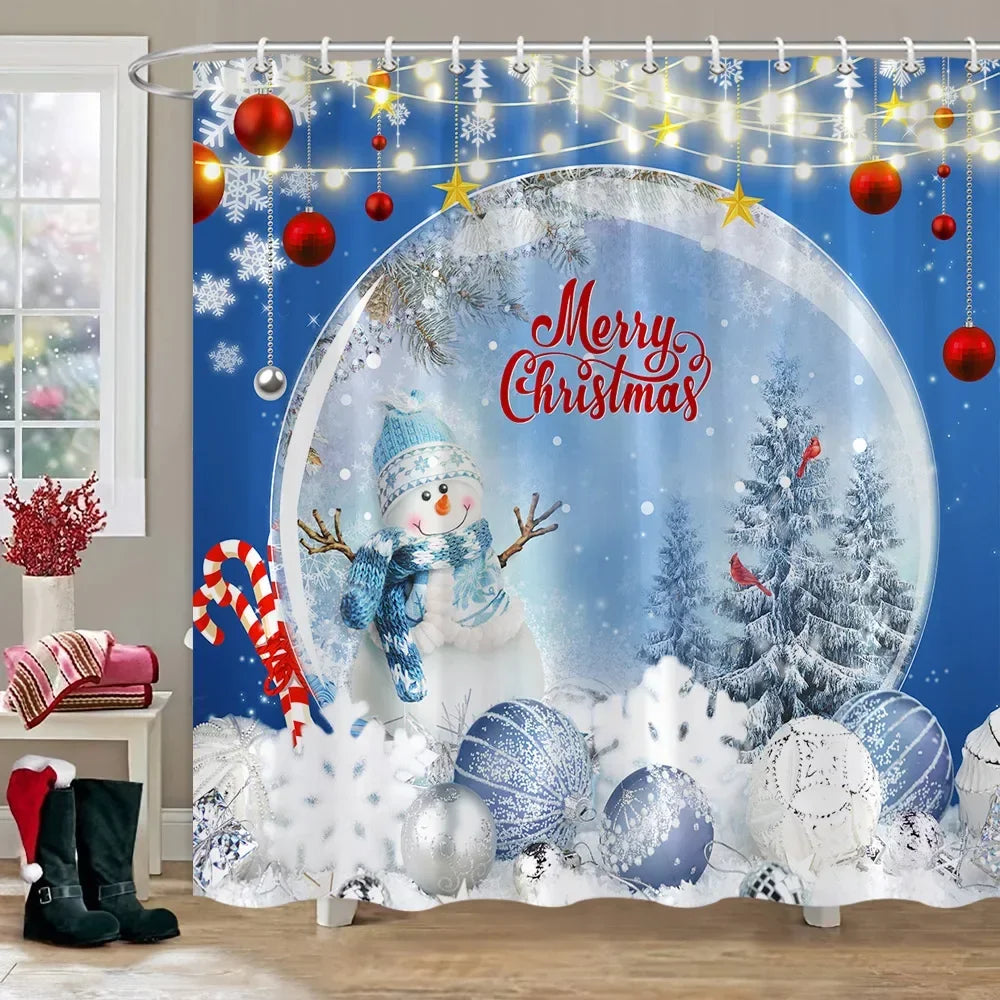 Christmas Gift Theme Shower Curtains Snowman Christmas Tree
