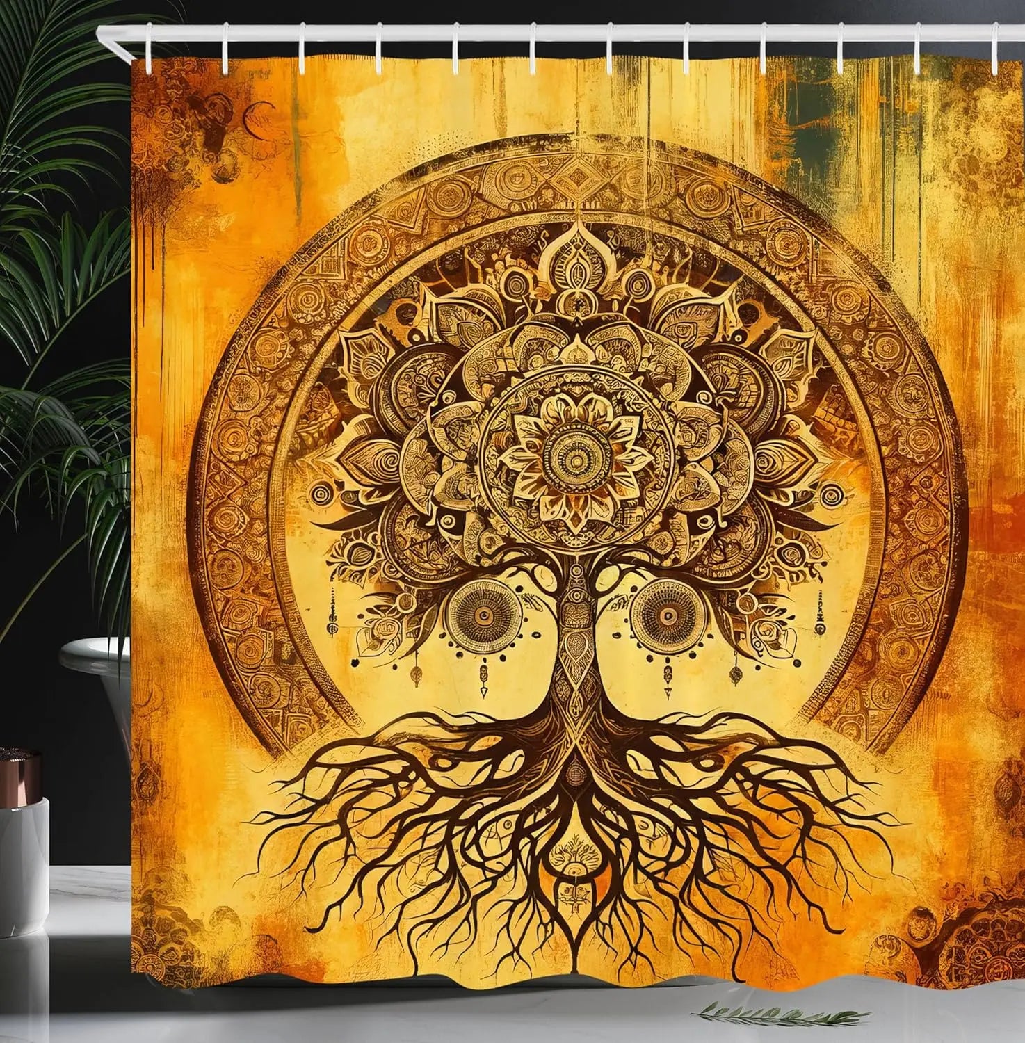 Shower Curtain, Oriental Atmosphere Warm Tone Mandala Ornate Life