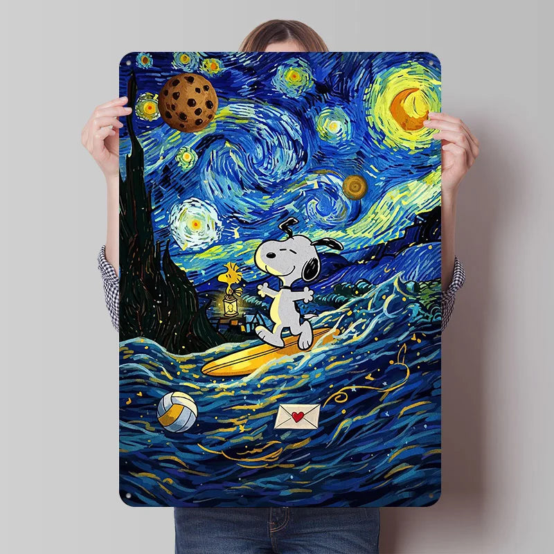 Snoopy Surfing Starry Night Parody Metal Poster