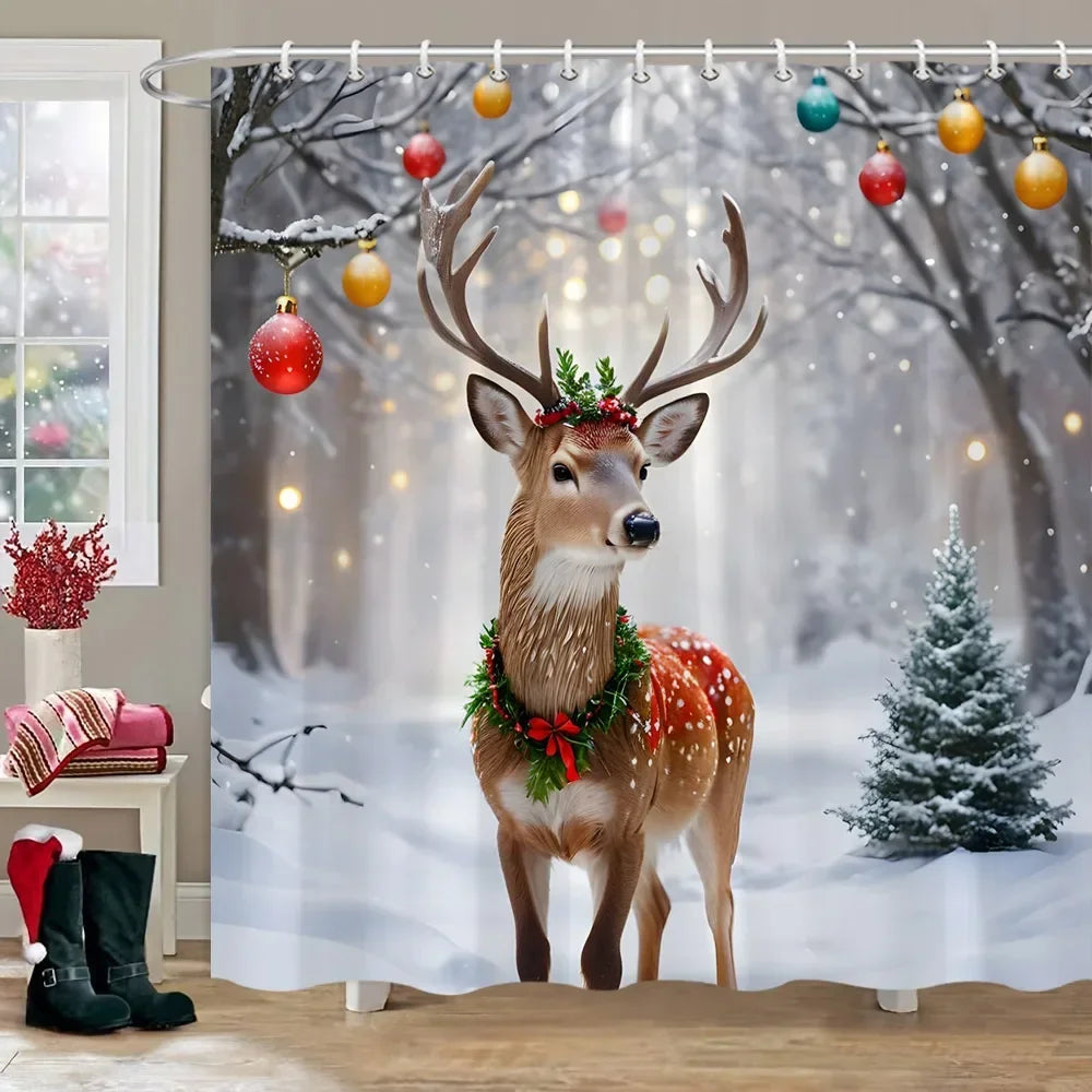 Winter Snow Forest Deer Shower Curtain Christmas Nature