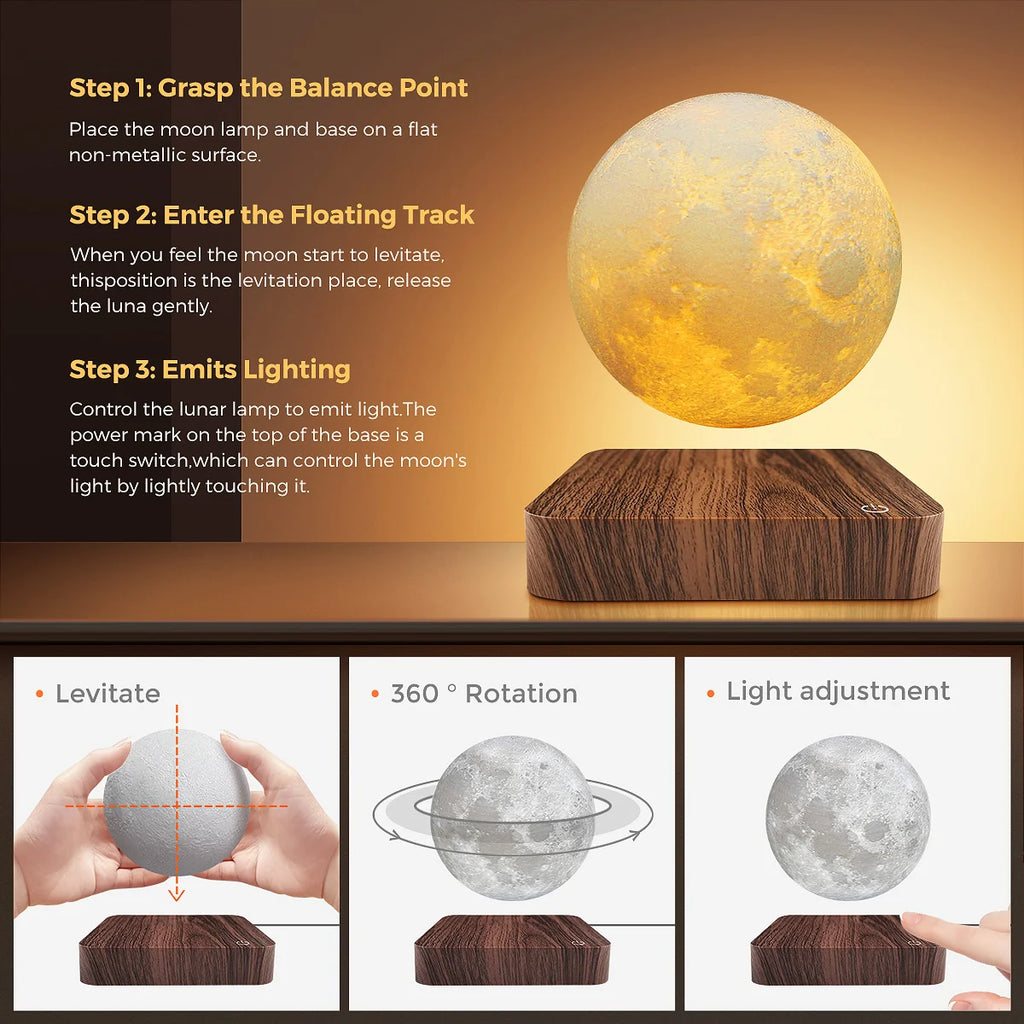 Magnetic Floating Rotating Moon Lamp with Wooden Base