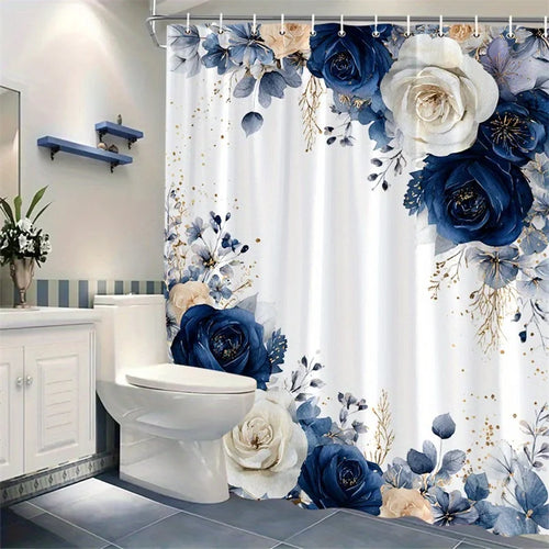 1 Elegant Blue Peach Rose Lace Shower Curtain