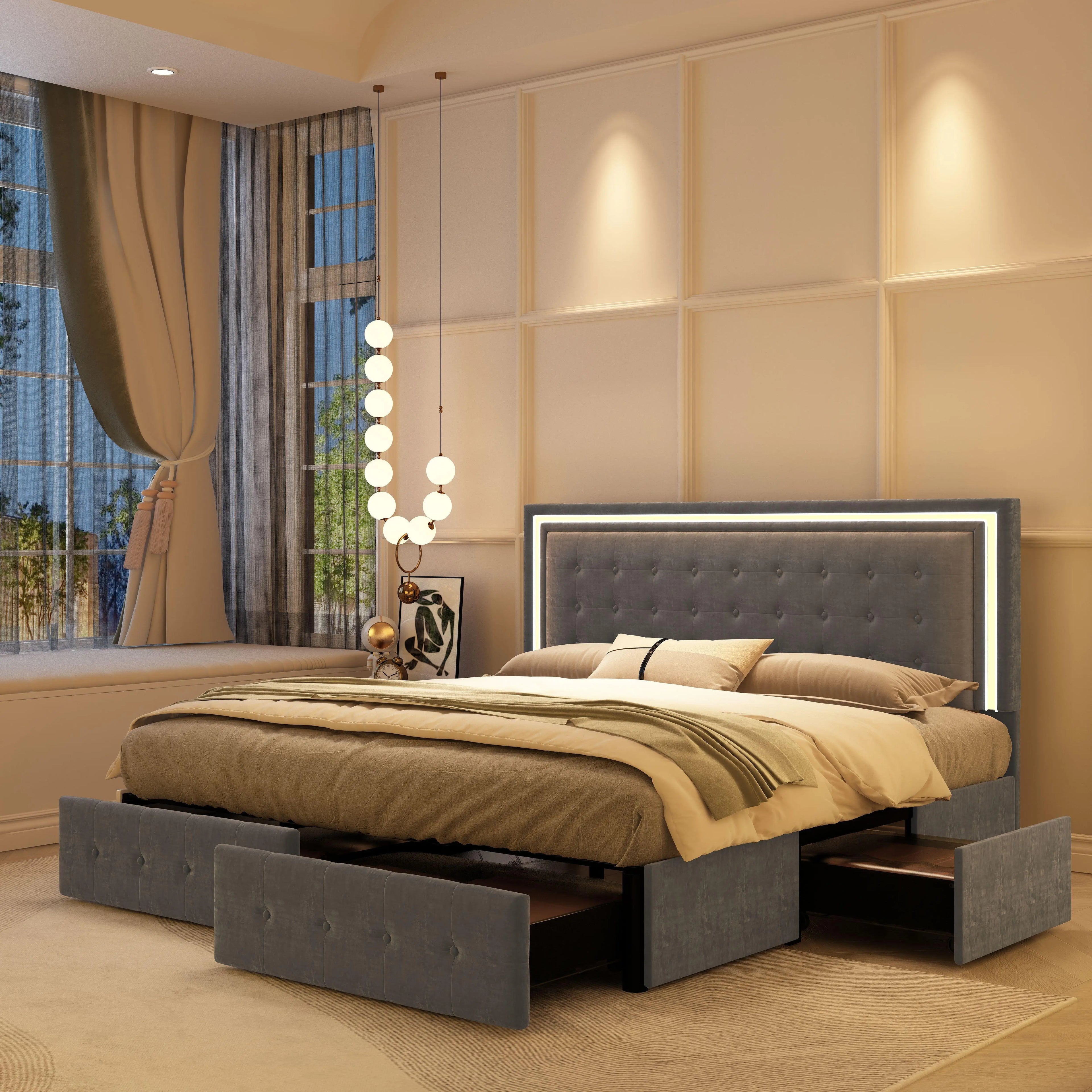 Queen LED Bed Frame with 4 Storage Drawers