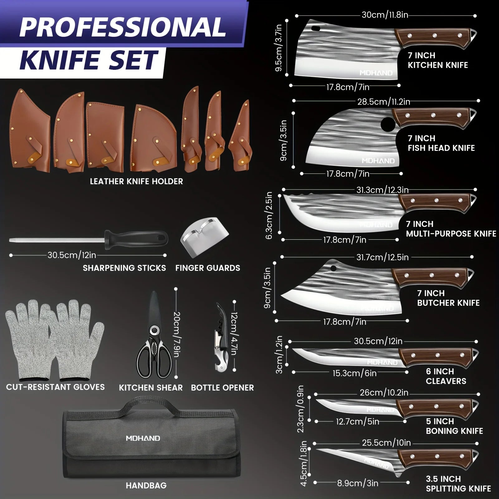 KEPEAK 14pcs Butcher Chef Knife Set with Roll Bag