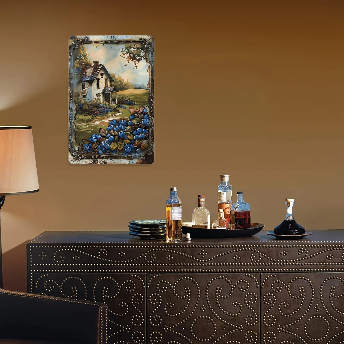 Retro Blueberry Cottage Tin Painting 8x12 Inch