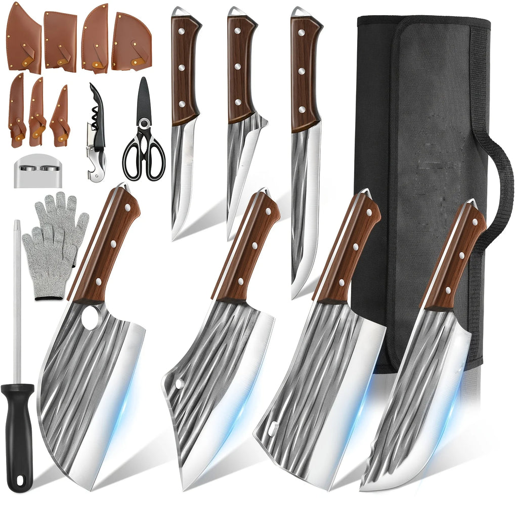 KEPEAK 14pcs Butcher Chef Knife Set with Roll Bag