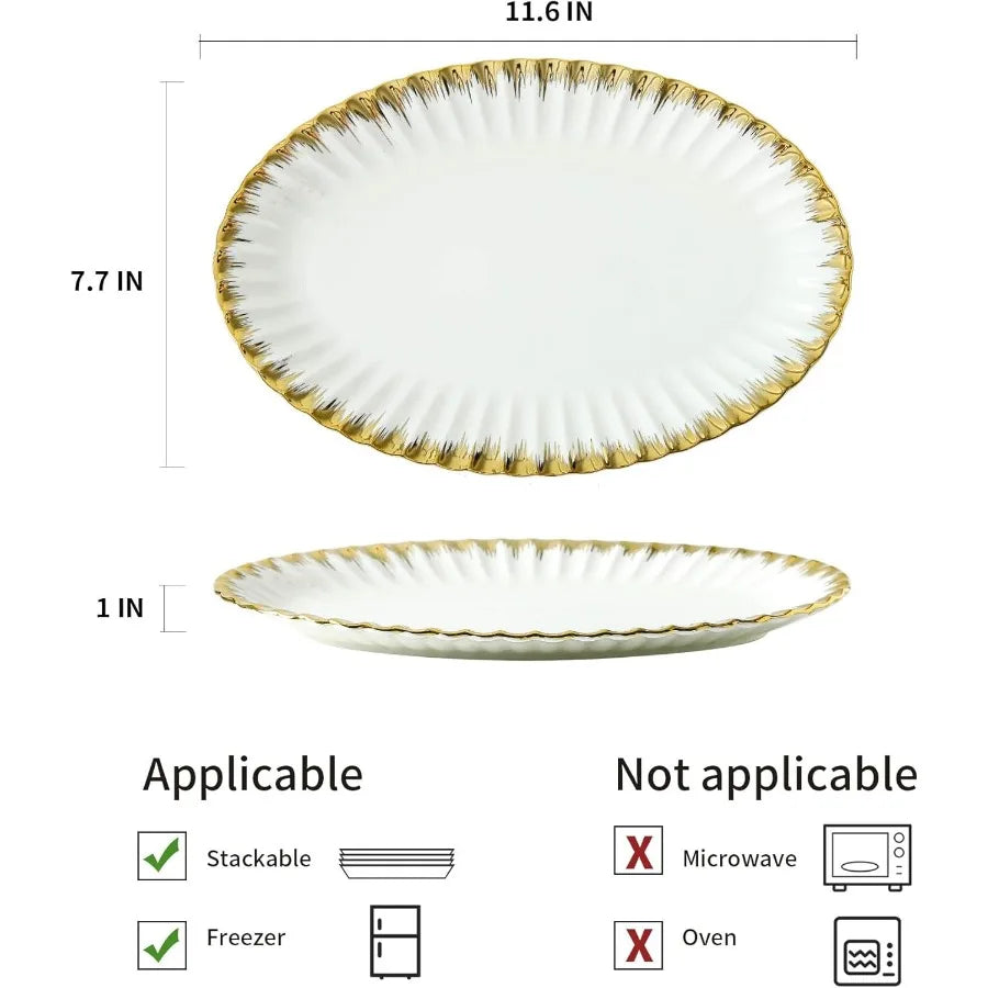 Ceramic Oval Serving Platters 12 Inch Porcelain White Dinner Plates with Gold Trim