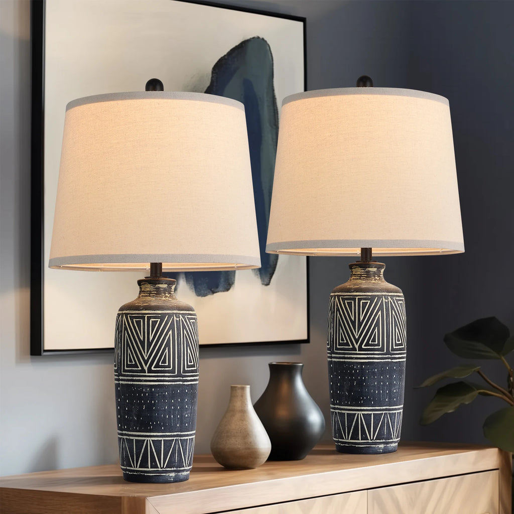 2 Pack 25-Inch Carved Geometric Ceramic Table Lamps