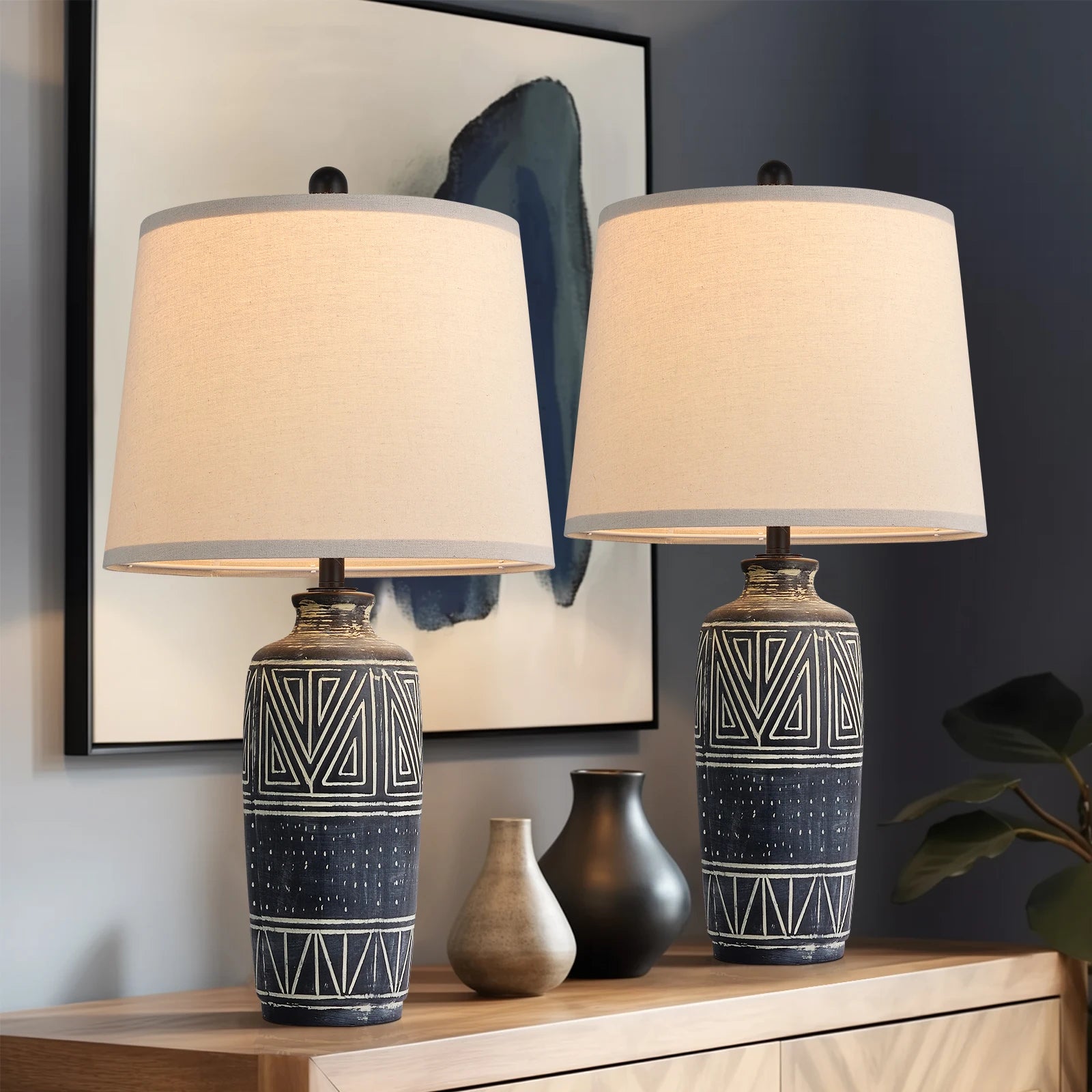 2 Pack 25-Inch Carved Geometric Ceramic Table Lamps