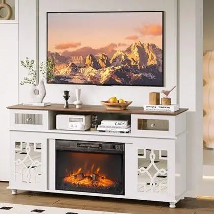Fireplace TV Stand with Sliding Mirrored Door for TVs up to 70"