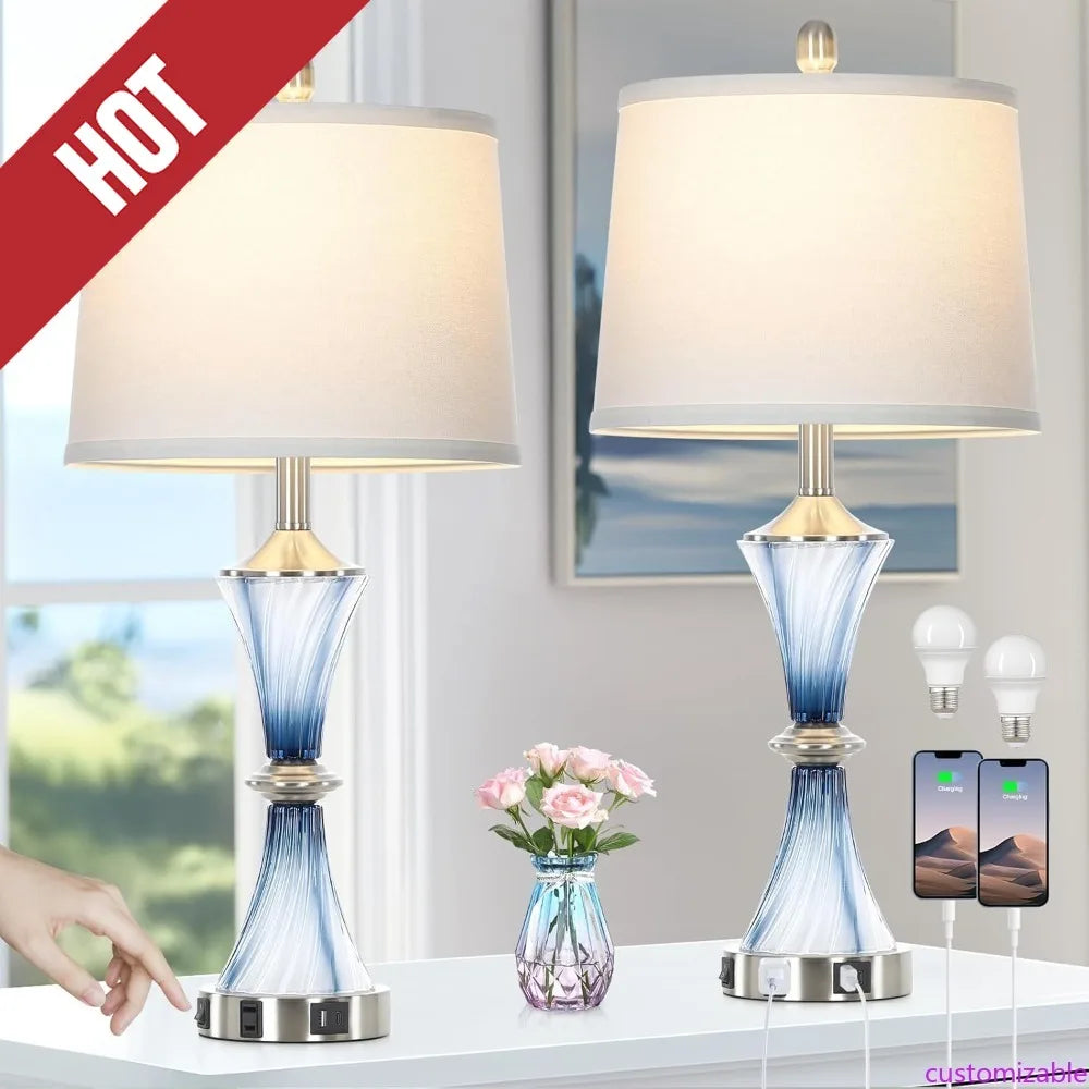 Customizable-Blue Glass Table Lamp Set Of 2
